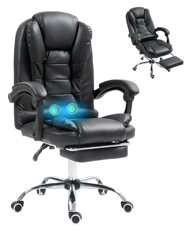 Silla Ejecutiva Reclinable con Masajeador Reposapies Ergonómica Cuero Sintético Color Negro