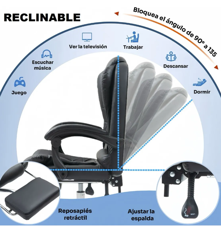 Silla Ejecutiva Reclinable con Masajeador Reposapies Ergonómica Cuero Sintético Color Negro