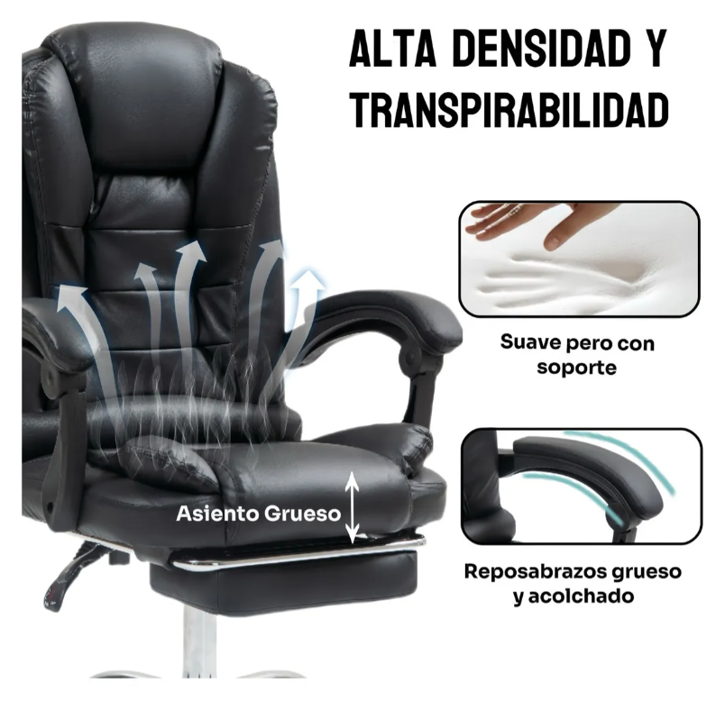 Silla Ejecutiva Reclinable con Masajeador Reposapies Ergonómica Cuero Sintético Color Negro