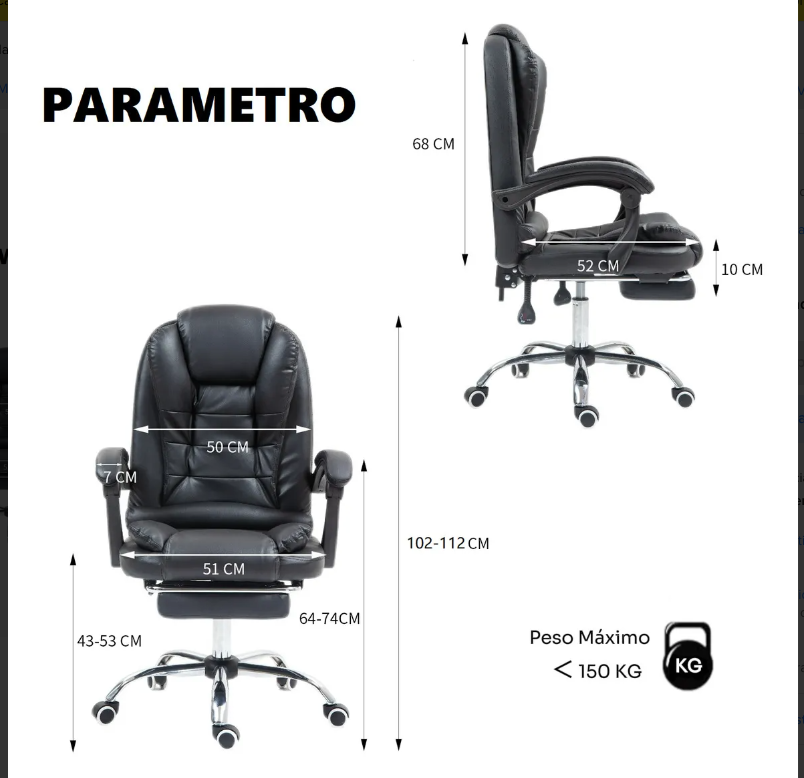 Silla Ejecutiva Reclinable con Masajeador Reposapies Ergonómica Cuero Sintético Color Negro