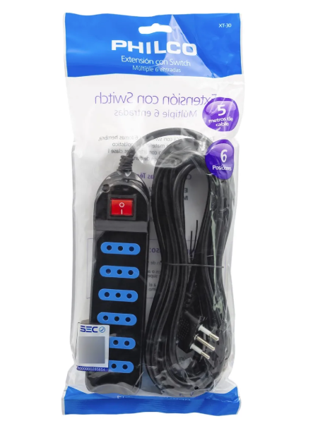 Alargador Eléctrico Switch Xt30 6 Entradas 5m Negro, Philco Color Negro