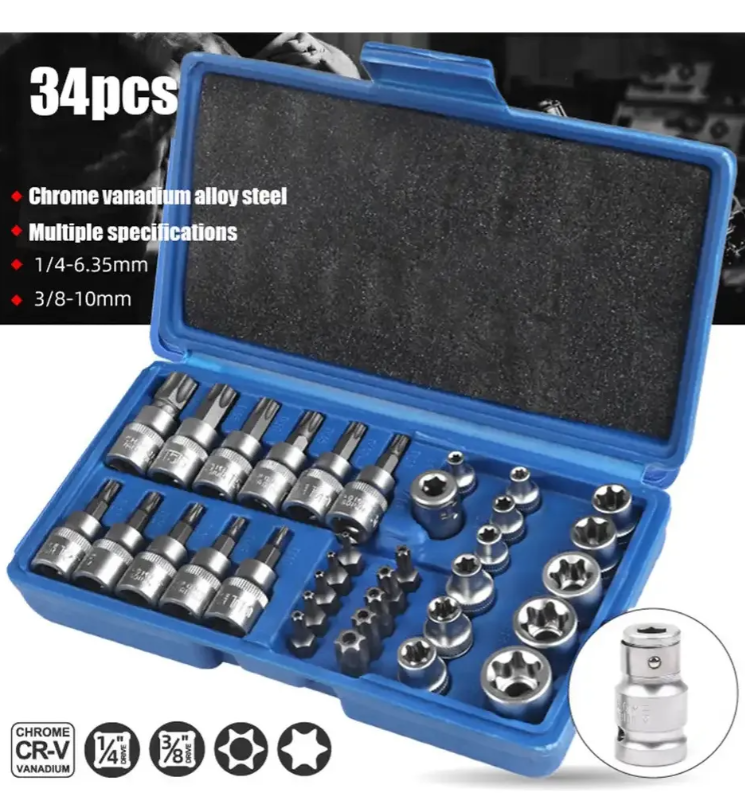 Juego Dados Torx Estrella 3/8 Hembra Macho 34 Pcs Crownman Tecnopro