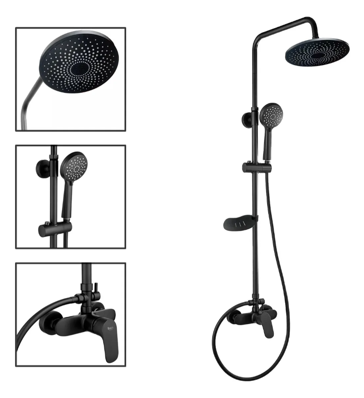 Columna Ducha Negra Plato 25cm Maneral Monomando Notte Taumm