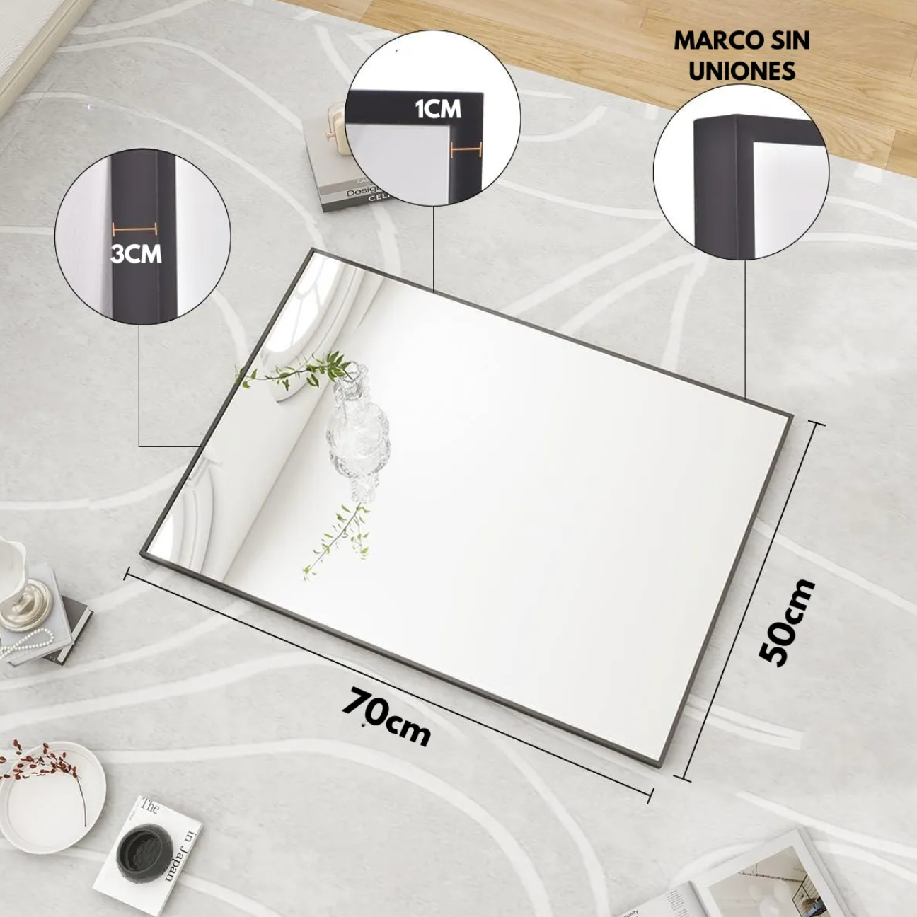 Espejo 70x50 Rectangular Con Marco Negro Taumm