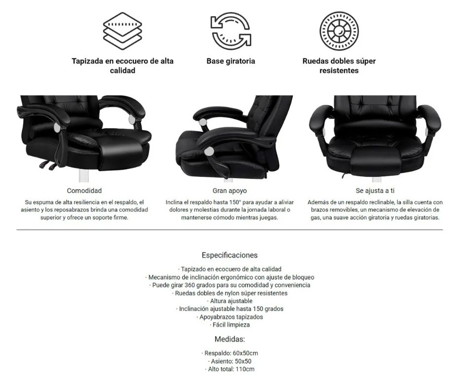 Silla De Oficina Reclinable Altura Ajustable Negro