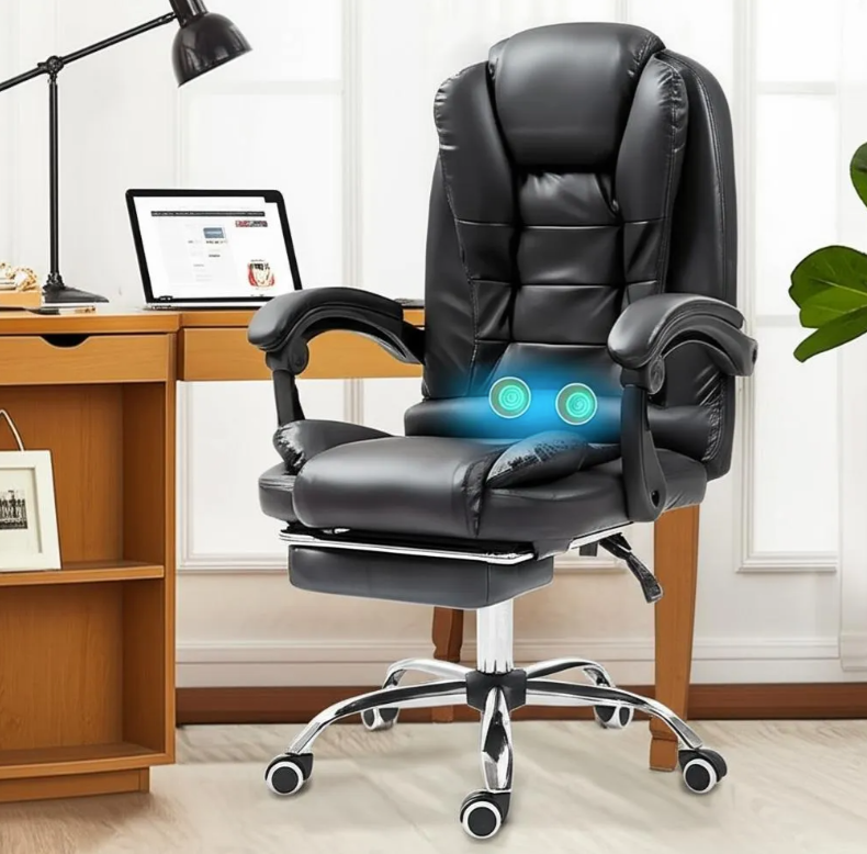 Silla Ejecutiva Reclinable con Masajeador Reposapies Ergonómica Cuero Sintético Color Negro