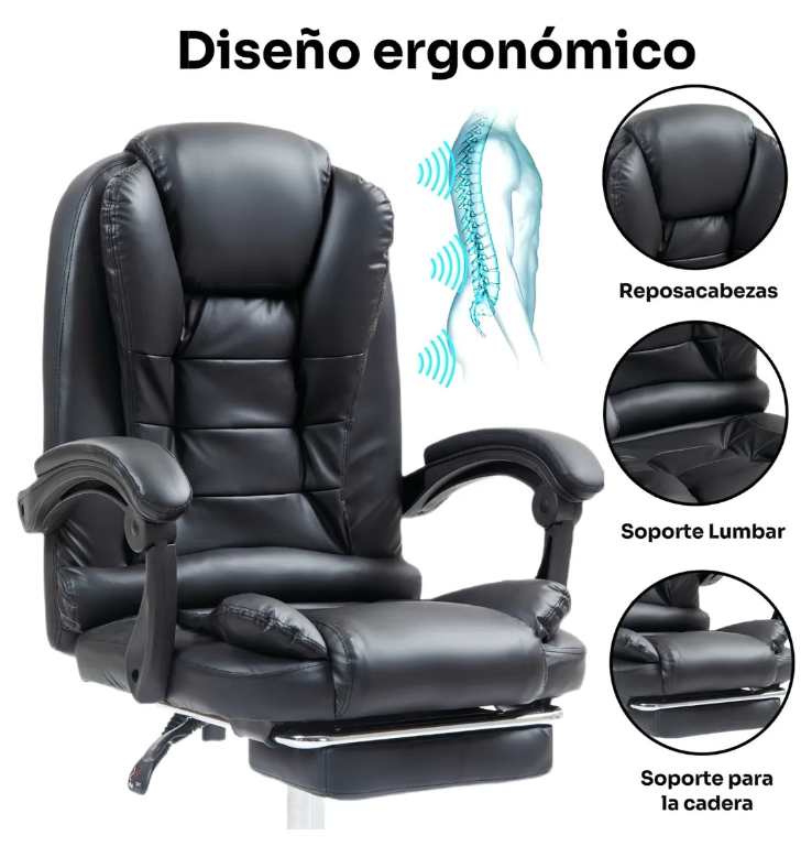 Silla Ejecutiva Reclinable con Masajeador Reposapies Ergonómica Cuero Sintético Color Negro