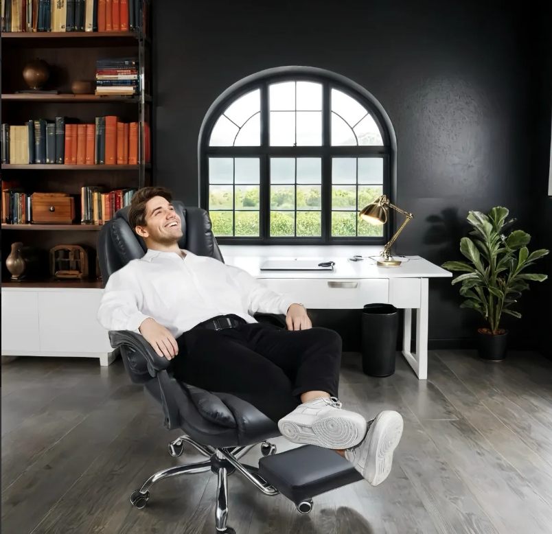 Silla Ejecutiva Reclinable con Masajeador Reposapies Ergonómica Cuero Sintético Color Negro
