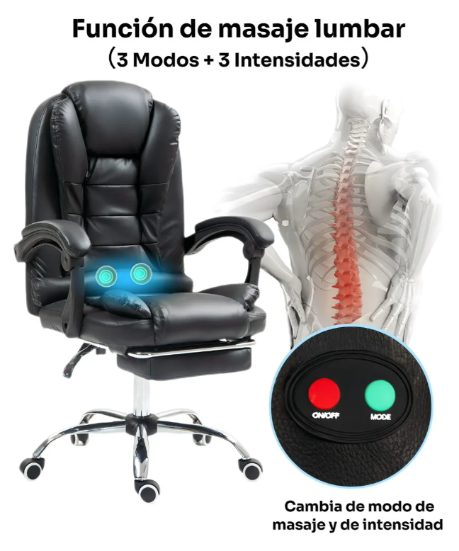 Silla Ejecutiva Reclinable con Masajeador Reposapies Ergonómica Cuero Sintético Color Negro