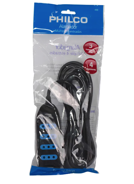 Alargador Eléctrico Philco 430n 3 Mts 4 Pos Negro