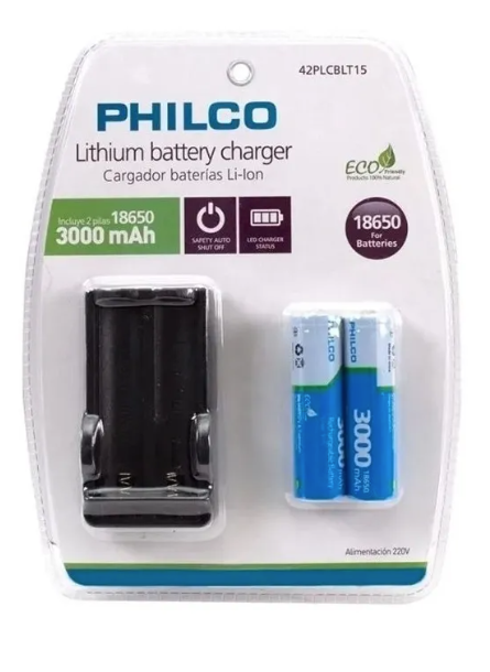 Cargador Philco Para Bateria De Litio 18650 + 2 Baterias
