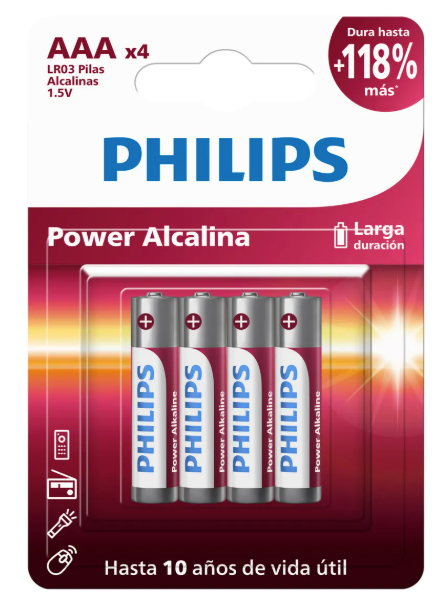 Pilas Alcalinas Aaa Philips Lr03p4b Cilíndrica Blister 4 Uds