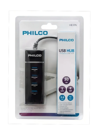 Hub Usb 3.0 4 Puertos Con Luz Philco Hb30n Negro