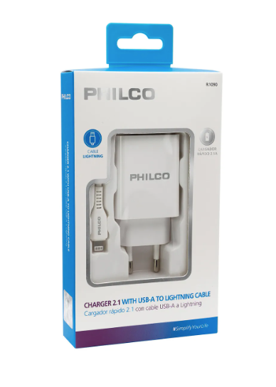 Carg. De Pared Doble Usb + Cable iPhone Philco R1090 Color Blanco