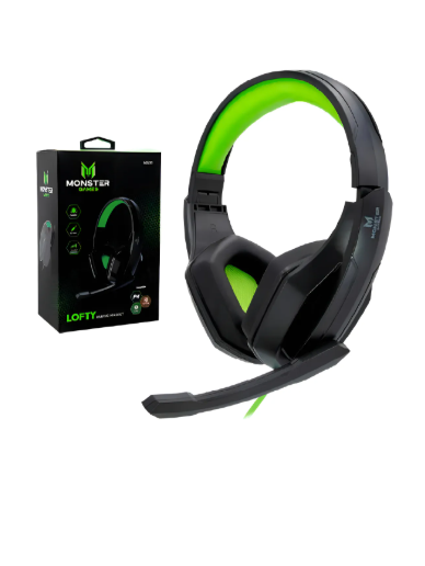 Audifono Gamer Monster 655gr Lofty Mutiplataforma Color Negro/verde