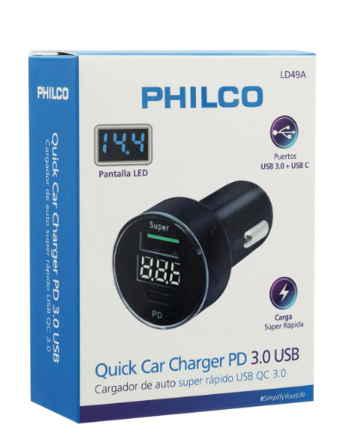 Cargador Auto Qc 3.0 Usb + Usb C Con Pantalla Led Philco Color Negro