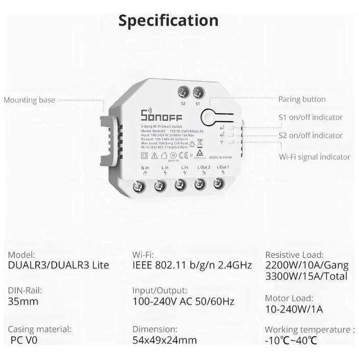 Sonoff Dualr3 Lite interruptor wifi de dos canales y control de motor