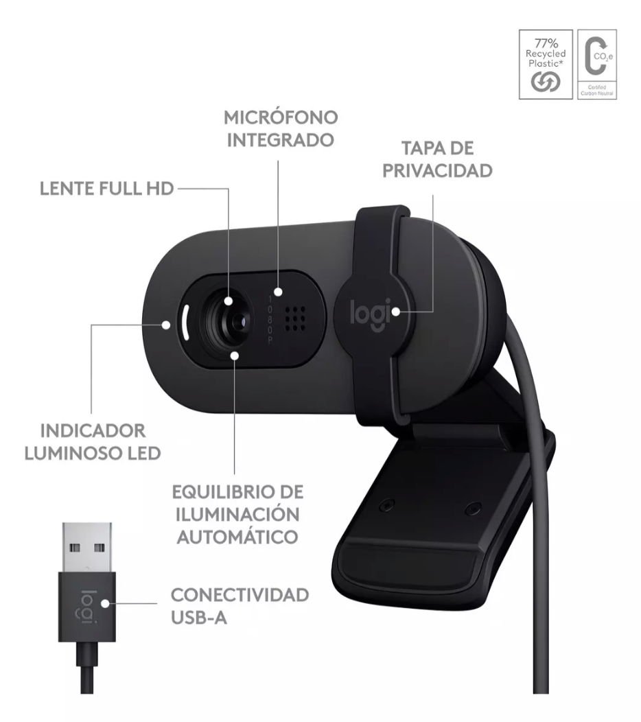 Cámara Web Full Hd 1080p Logitech Brio 100 Grafito Color Gris oscuro