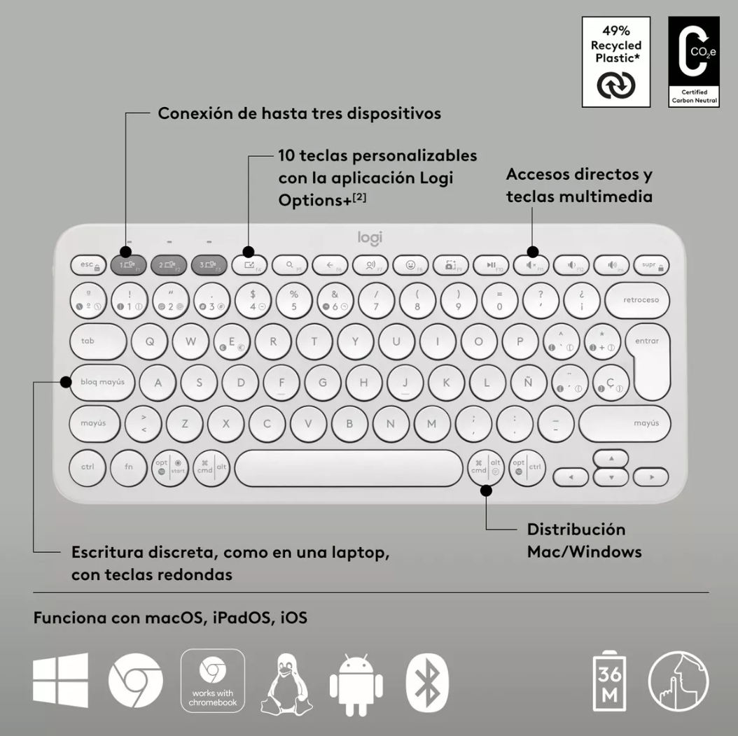 Teclado Logitech Pebble 2 K380 Blanco Español Idioma Español Latinoamérica