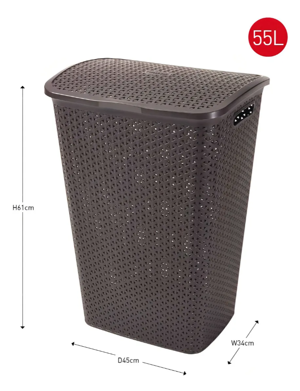 Cesto Canasto De Ropa Moderno Con Tapa 55 Litros Modelo Bali Marca Reyplast Marrón Oscuro Calado