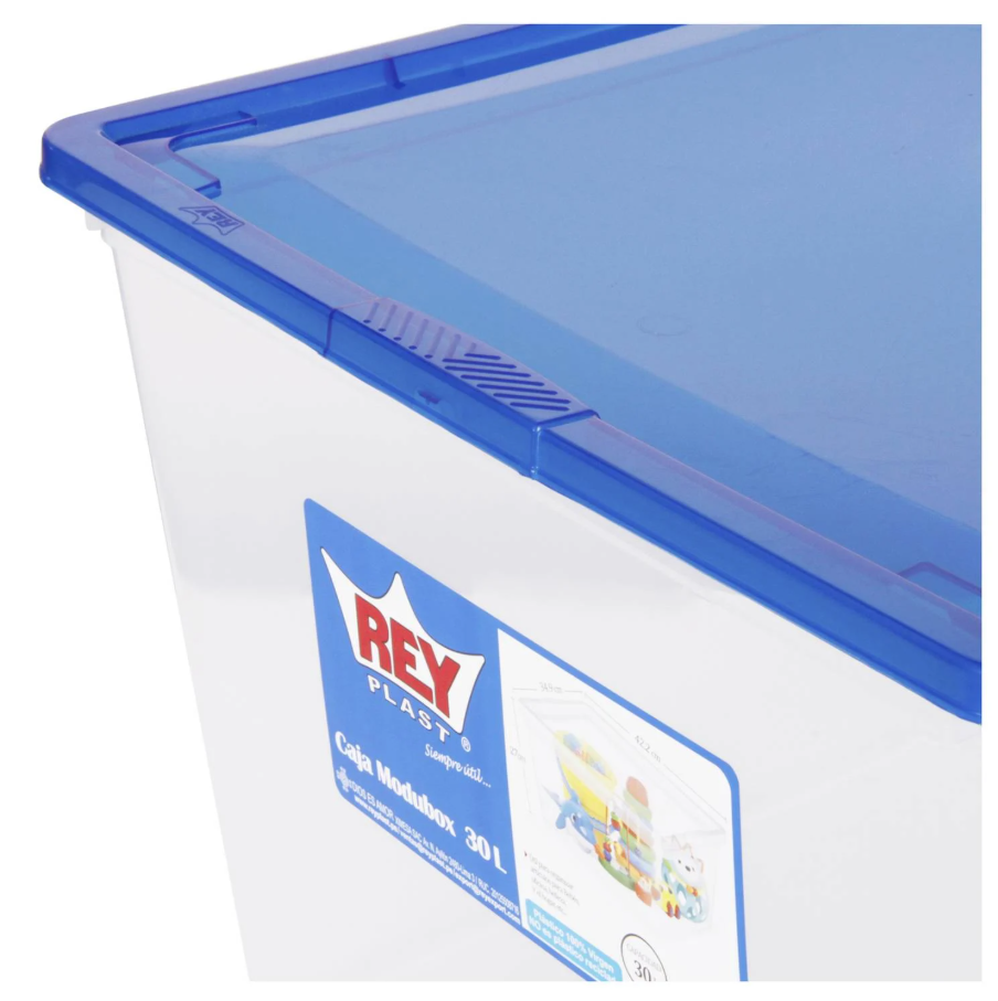Caja Organizadora Multiusos Almacenamiento Modubox 30 Lts Color Transparente Tapa Azul