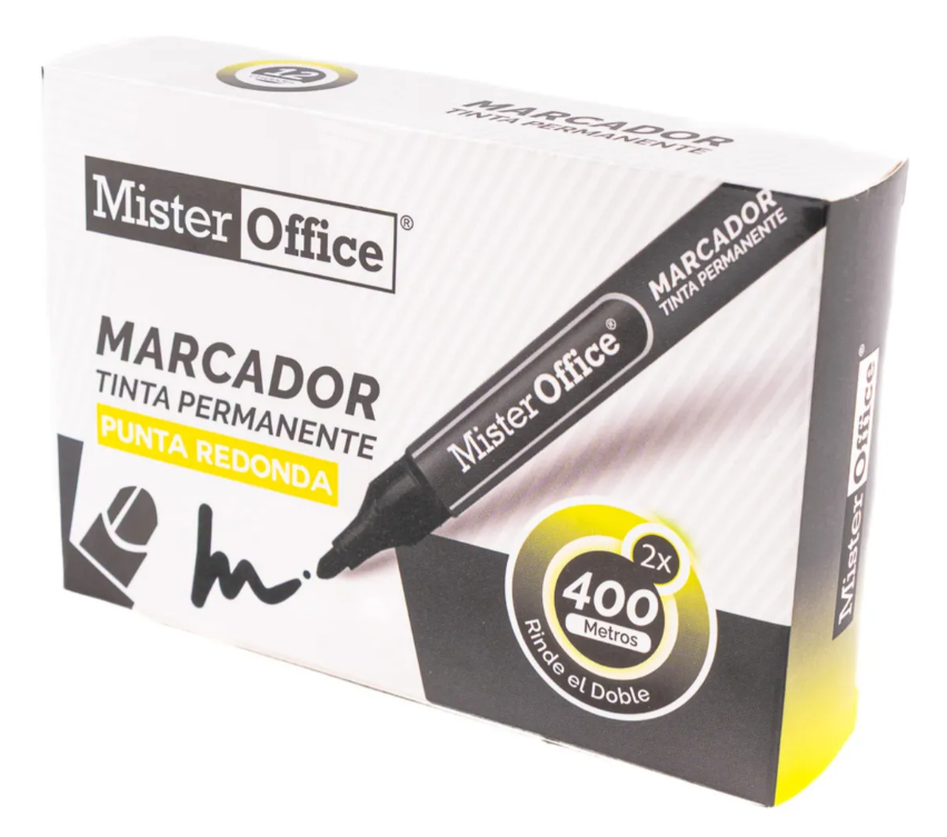 Marcador Permanente Plumón 12 Unidades Mister Office Punta Redonda Negro Negro - Punta Redonda