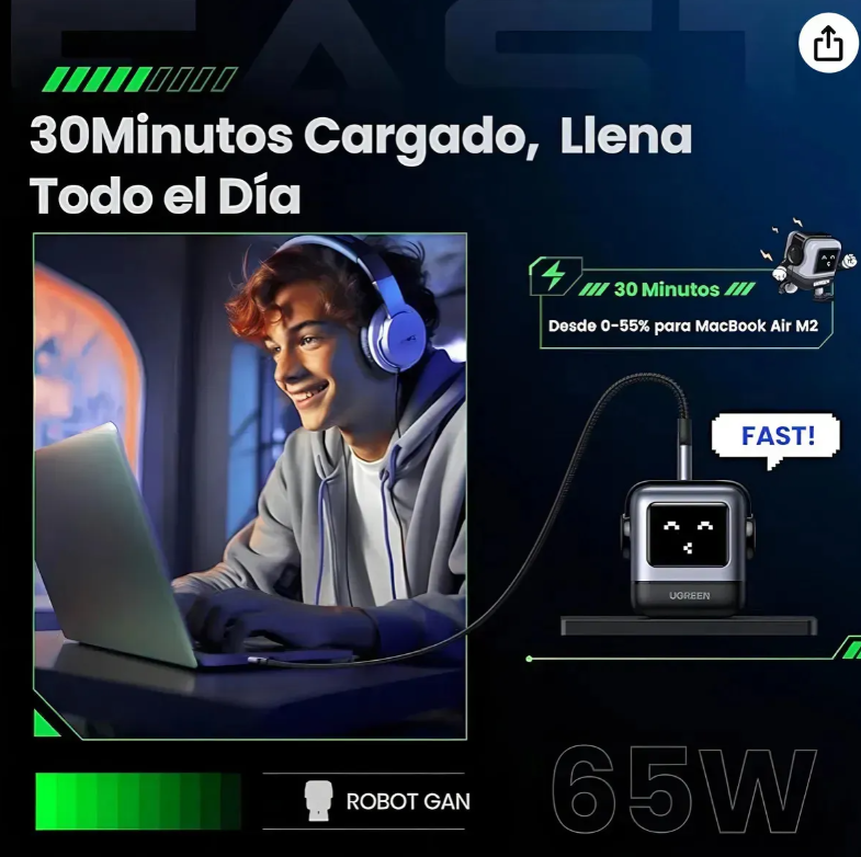 Cargador Tipo C Carga Rápida, Gan Robot Ugreen Nexode 65w Color Negro