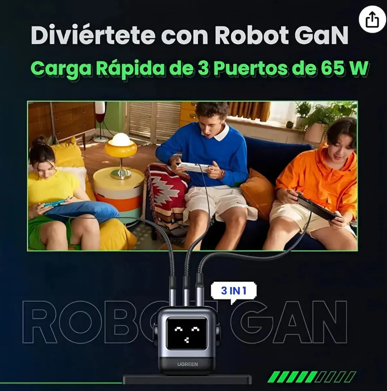 Cargador Tipo C Carga Rápida, Gan Robot Ugreen Nexode 65w Color Negro