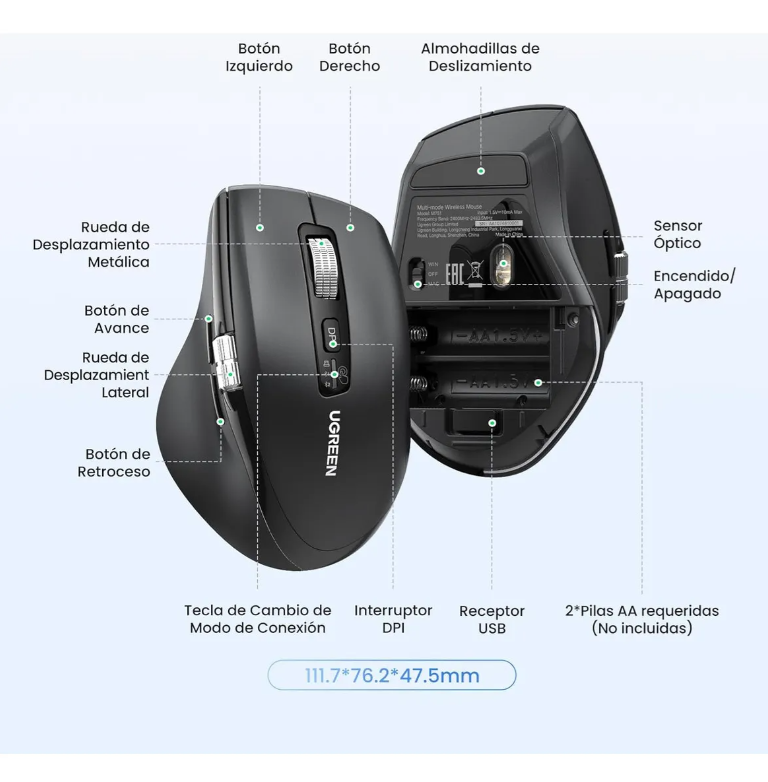 Ugreen Mouse Inalámbrico 2.4g & Bluetooth, Scrolling Ultra-rápido, Mouse Ergonómico De 5000 Dpi 5 Botones, 10m De Conexión, Ratón Silencioso Compatible Con Windows, Linux, Macos, Android Y Chrome