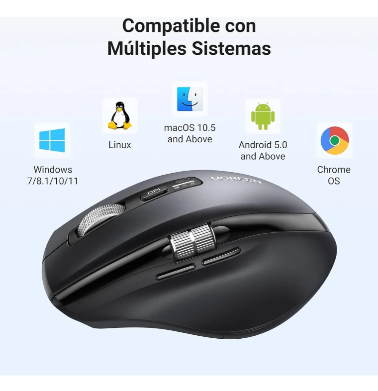 Ugreen Mouse Inalámbrico 2.4g & Bluetooth, Scrolling Ultra-rápido, Mouse Ergonómico De 5000 Dpi 5 Botones, 10m De Conexión, Ratón Silencioso Compatible Con Windows, Linux, Macos, Android Y Chrome