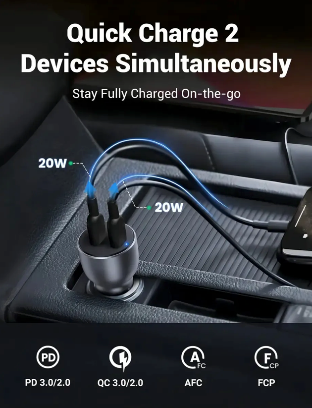Cargador Auto Usb C Con 2 Puertos Pd3.0 De Carga Rápida 40w