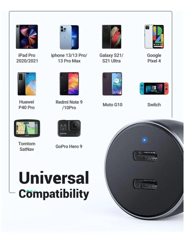 Cargador Auto Usb C Con 2 Puertos Pd3.0 De Carga Rápida 40w