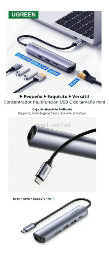 Ugreen Adaptador 5 En 1 Tipo C+ Ethernet Hdmi Hub Usb 3.0 Pd