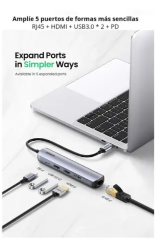 Ugreen Adaptador 5 En 1 Tipo C+ Ethernet Hdmi Hub Usb 3.0 Pd