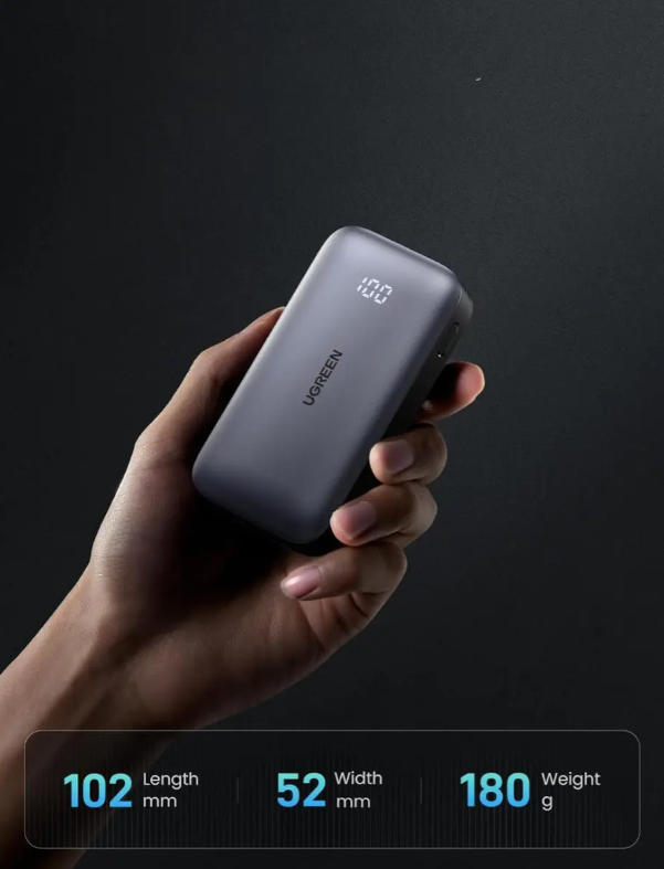 Mini Power Bank UGREEN 30W | 10 000 mAh con 2 Puertos PD3.0 USB C+A Carga Rápida Color Negro