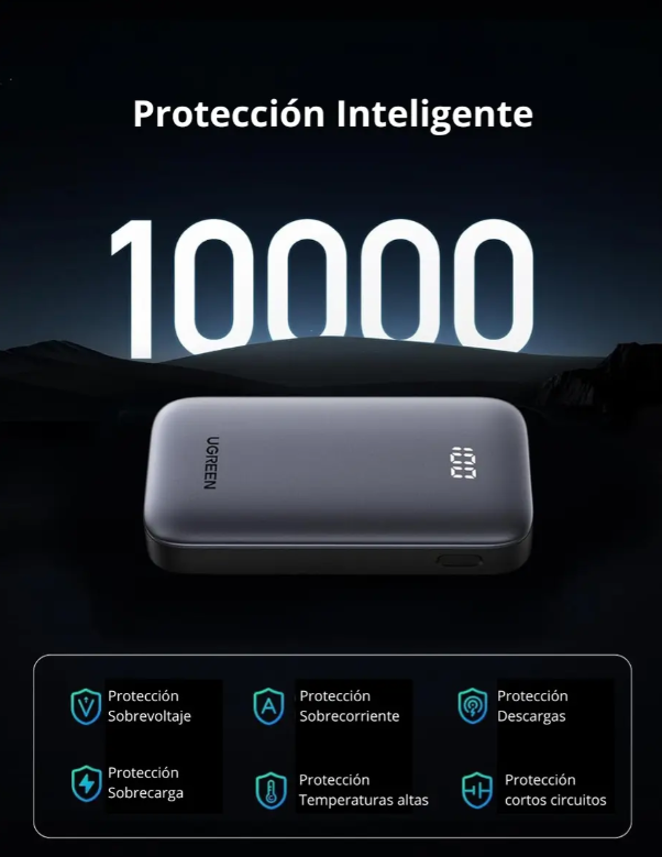 Mini Power Bank UGREEN 30W | 10 000 mAh con 2 Puertos PD3.0 USB C+A Carga Rápida Color Negro