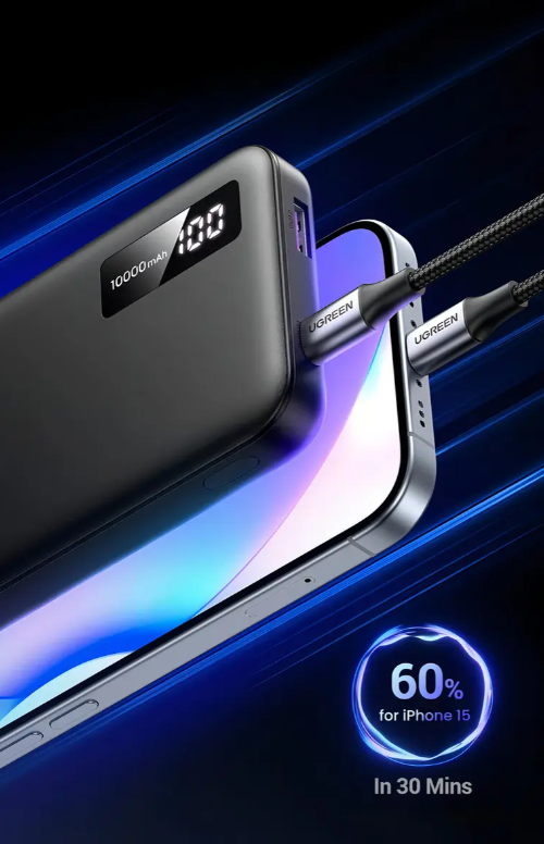 Banco de energía de carga rápida Ugreen Pd3 de 10000 mAh. Color: negro