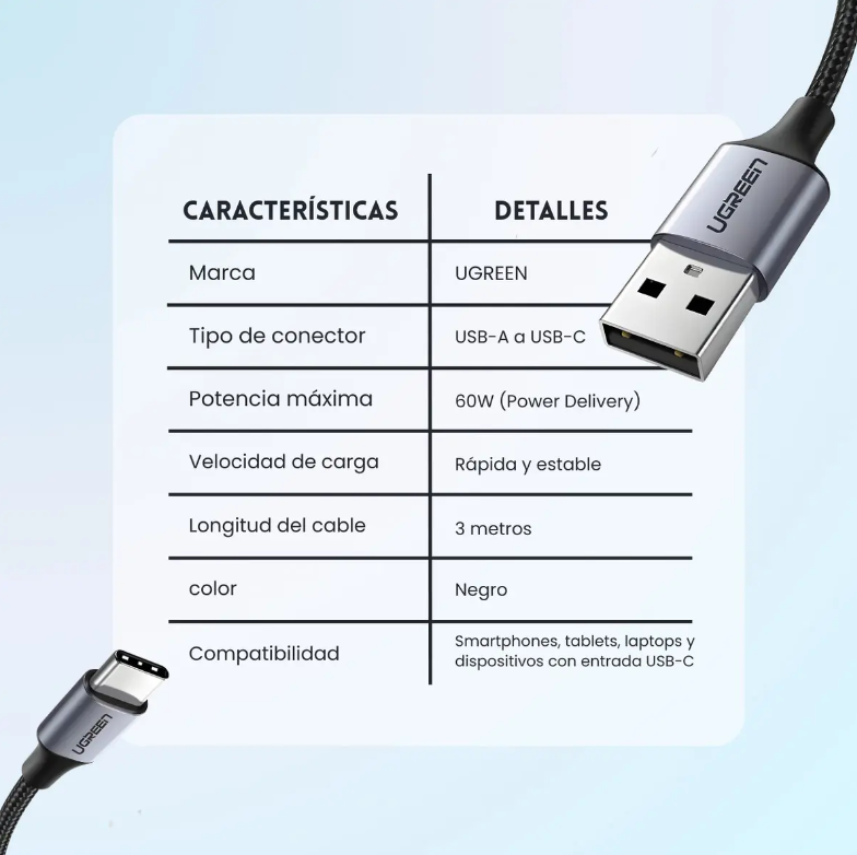 Cable Usb Tipo C Carga Rapida 3a Cable De Datos 3mts Ugreen