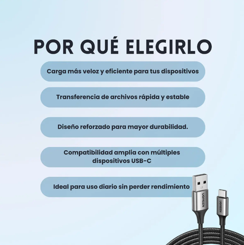 Cable Usb Tipo C Carga Rapida 3a Cable De Datos 3mts Ugreen