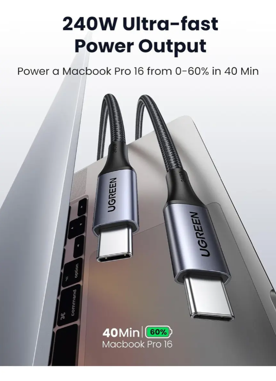 Cable Ugreen 240w Usb C - Usb C Para Notebook Carga Rapida Negro
