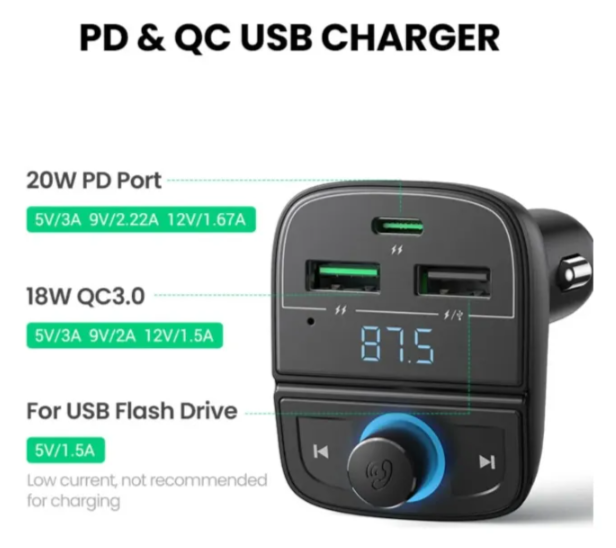 Ugreen Transmisor Fm/bluetooth Y Cargador De Coche + Ranura
