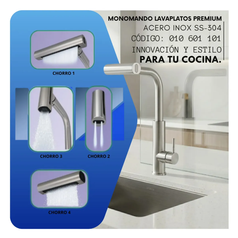 Griferia Monomando Lavaplato Gourmet Extensible 4 Modos Plateado Acero