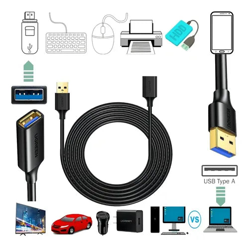 Cable Extension, Usb 3.0(m) A Usb 3.0(h), Ugreen, 3 Metros Color Negro