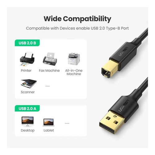 Cable de Datos para Impresora USB 2.0 A/b 3 Metros UGREEN Us135 Negro - imagen 2