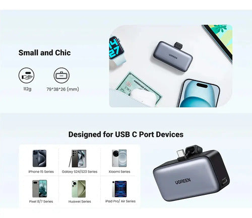 Power Bank Mini Ugreen 5000 Mah, Conector Usb-c, 20 W, Color Gris