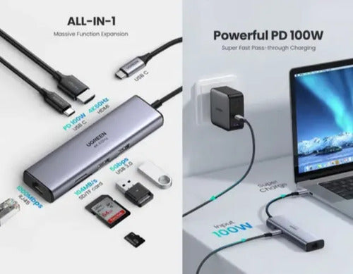 Adaptador Hub Usb C 7 En 1 - Hdmi 4k 60hz Usb A Rj45 Sd Pd Gris