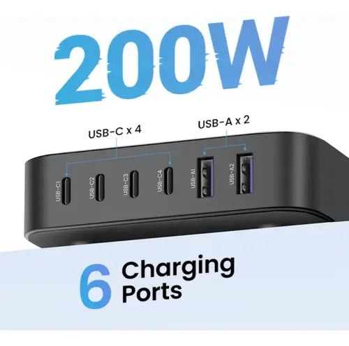 Cargador Para Escritorio 200w 2 Usb-a + 4 Usb-c Ugreen Cd271 Negro