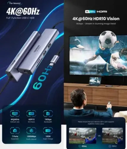 Adaptador Hub Usb C 7 En 1 - Hdmi 4k 60hz Usb A Rj45 Sd Pd Gris
