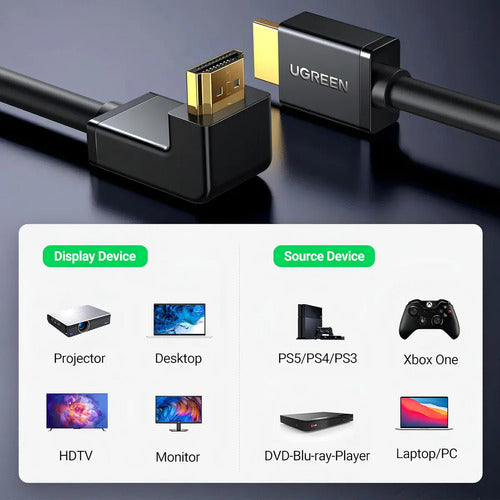 Cable HDMI 1.4 M/m Curvo 90 Grados 4k@30hz 2 Metros UGREEN Hd103 - imagen 6