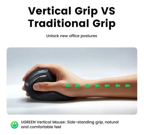 UGREEN MOUSE INALAMBRICO VERTICAL 2.4GHZ+BT TRIPLE CONEXION (1W+2BT) BLACK MU008
